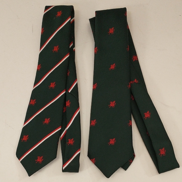 Welsh Dragon Two Men's Ties Made In Wales & Made In England Red on Dark Green - Picture 1 of 5